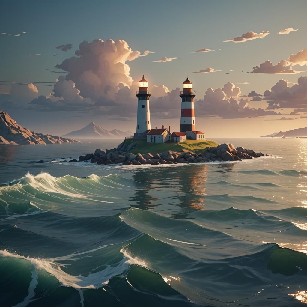 Low-Poly 3D Boat and Lighthouse on the Sea