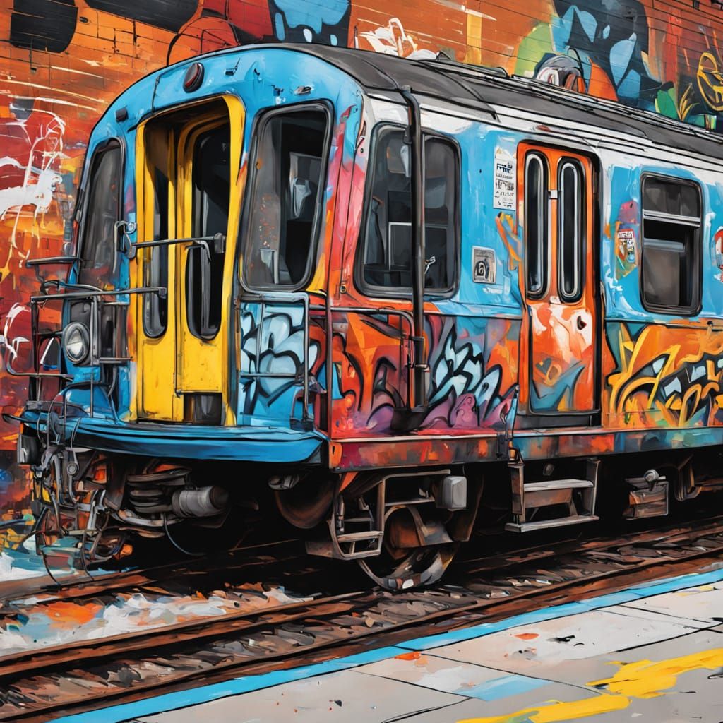 A subway train with graffiti on it that looks like a Subway  by @eileenMcC
