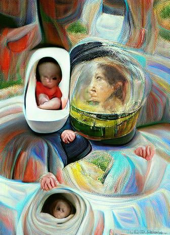portrait of a baby inside a capsule and a women open two han...