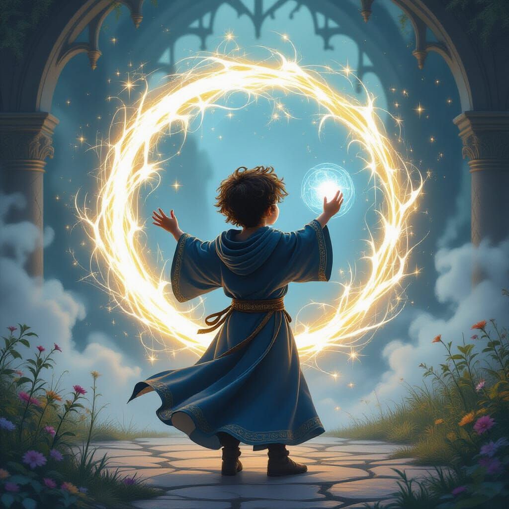 A magical portal to another universe spins on the tip of a little wizard boy's finger
