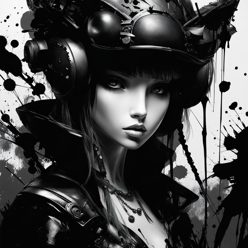 Doll (black and white 1.5) with black background, (ink splat...