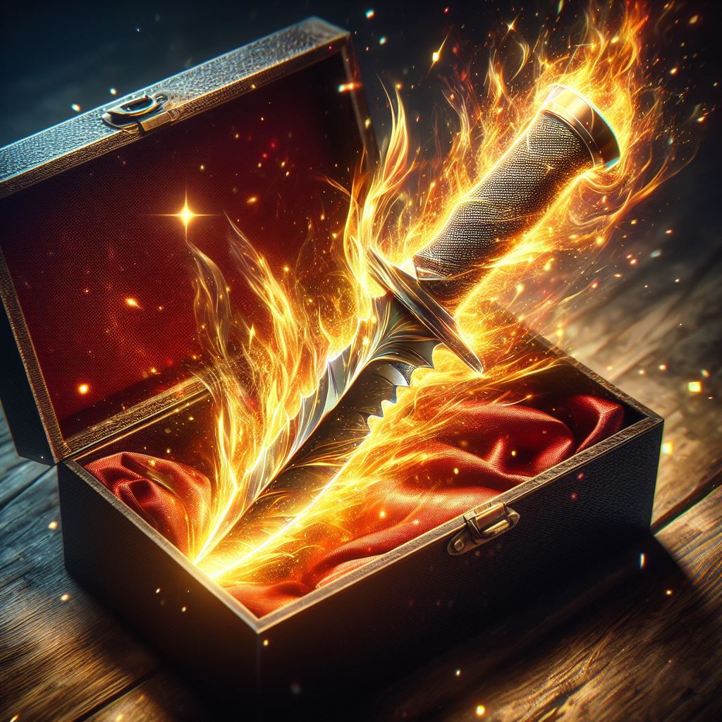 a knife with fire blade inside a box on a table