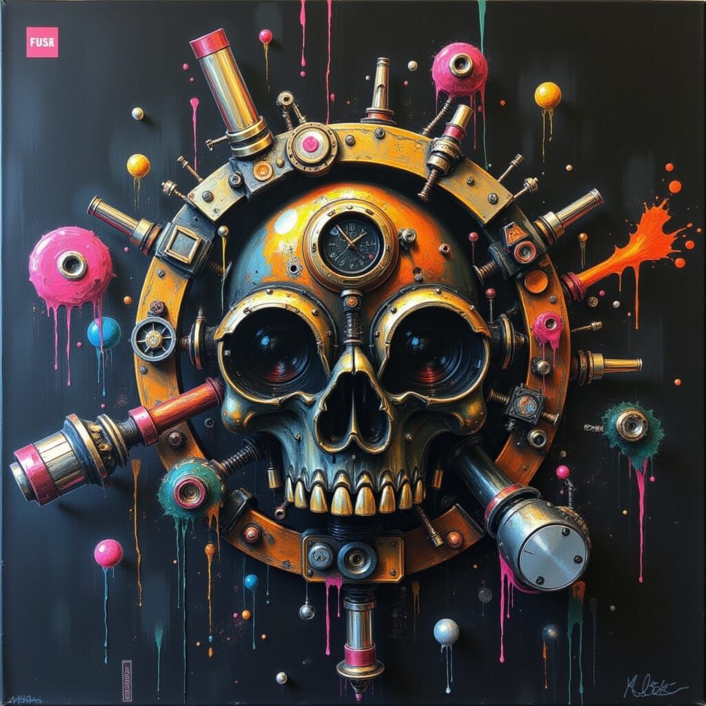 <lora:Black Canvas:1.0> A massive Steampunk Logo with the cyberpunk text, (Text: "Black Canvas") mounted on the overhang above.