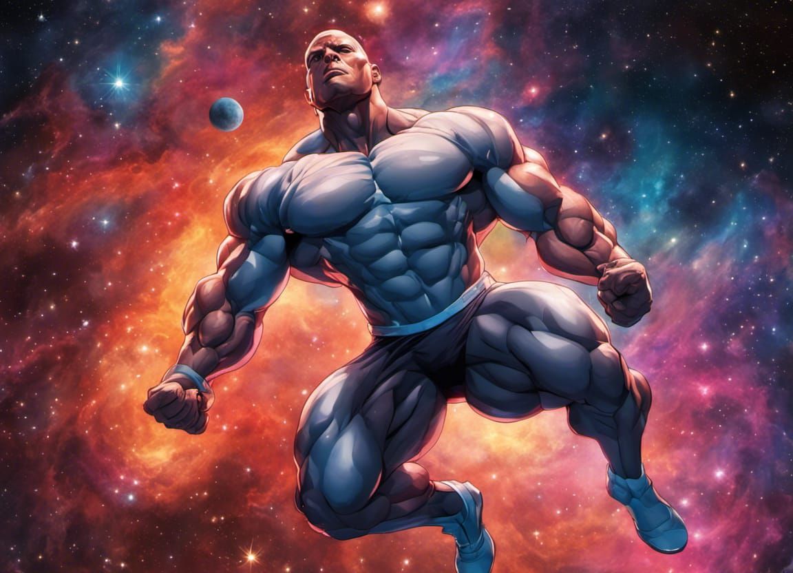 Bodybuilder in Space: Comic Art with Vivid Nebula