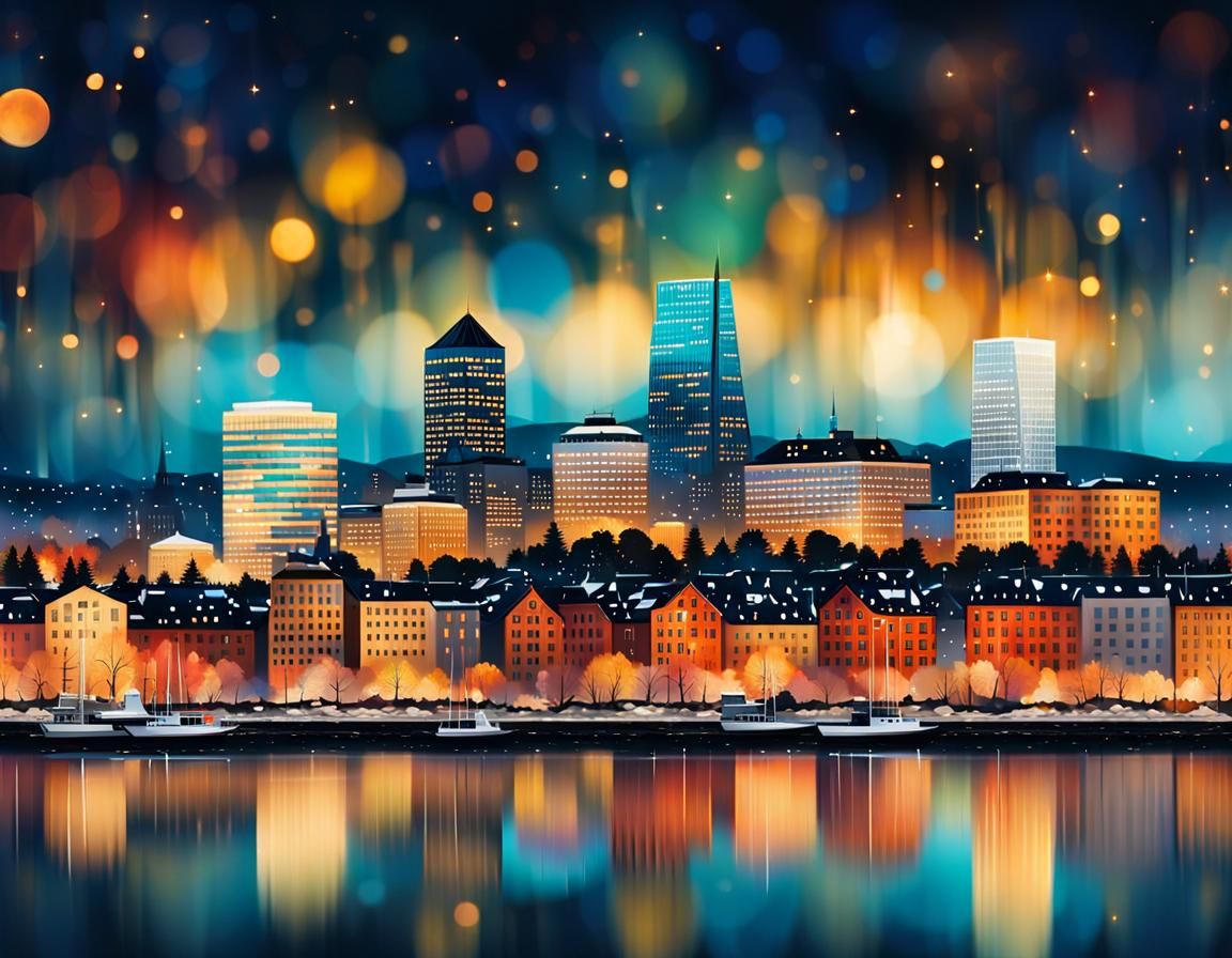 Oslo Skyline at midnight, view from Hudson River, bokeh, intricately detailed, Epic cinematic brilliant ...  by @Thaxam