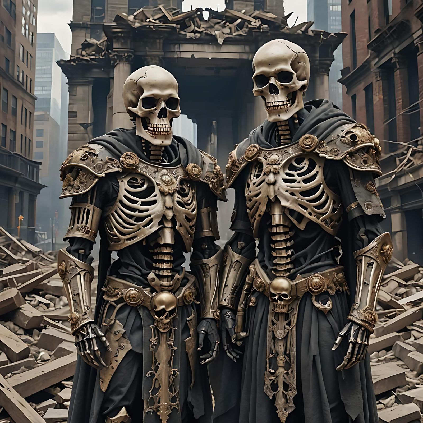 two tall skull-headed ones, in the beautiful attire of the gods of death, stand in the middle of the ruins of New York, ...