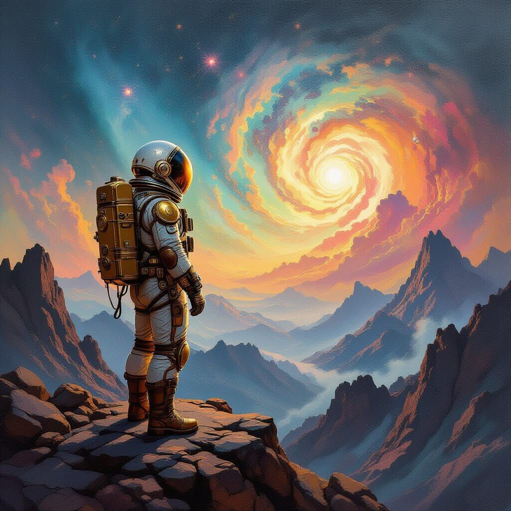 A lone astronaut, clad in a detailed steampunk-inspired spacesuit with brass gears and leather accents, stands on a craggy, alien mountain p...