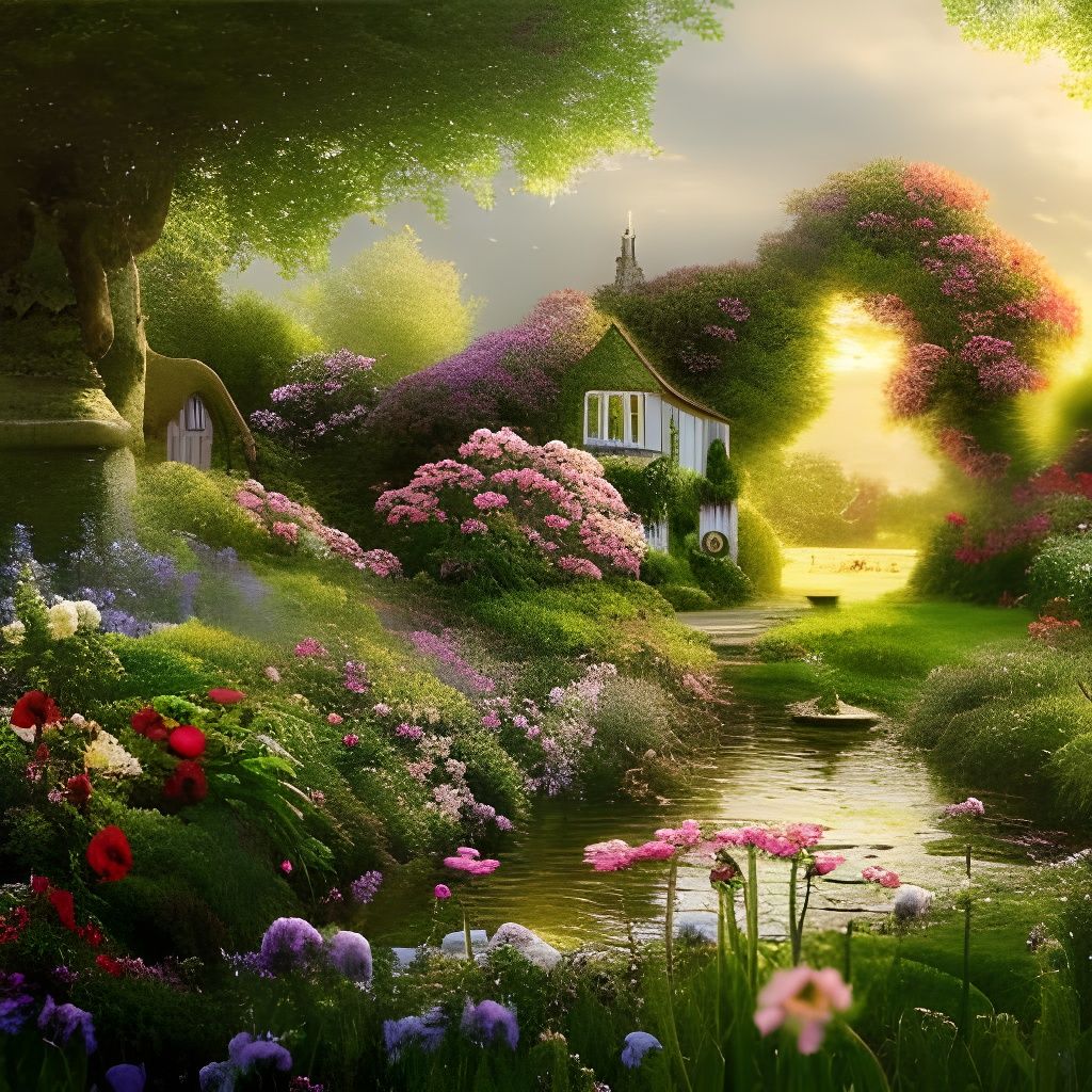 romantic English cottage garden in the morning