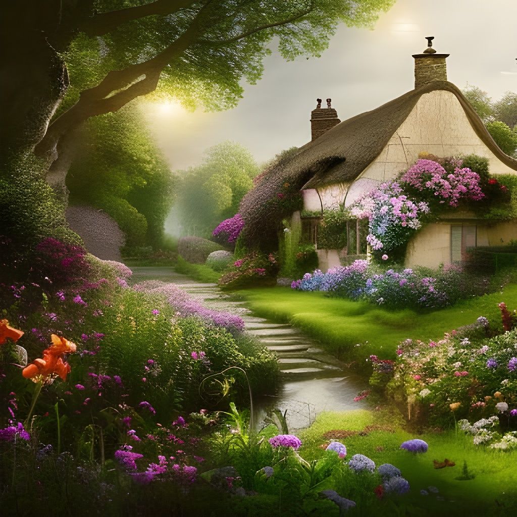 romantic English cottage garden in the morning