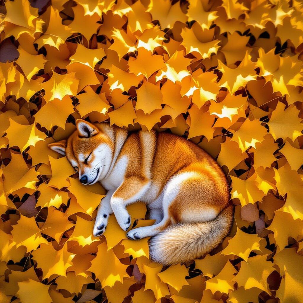 Shiba Inu Sleeps Peacefully on Ginkgo Leaves