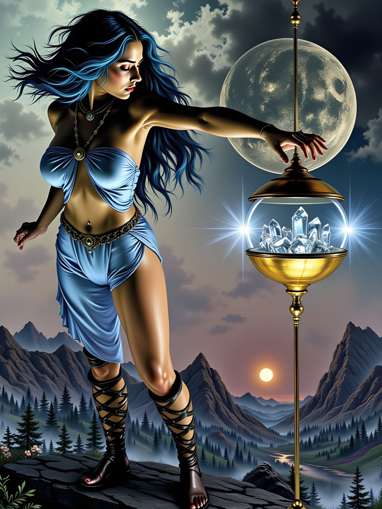 She removes the cover from the globe and the crystals expand to fill the universe.