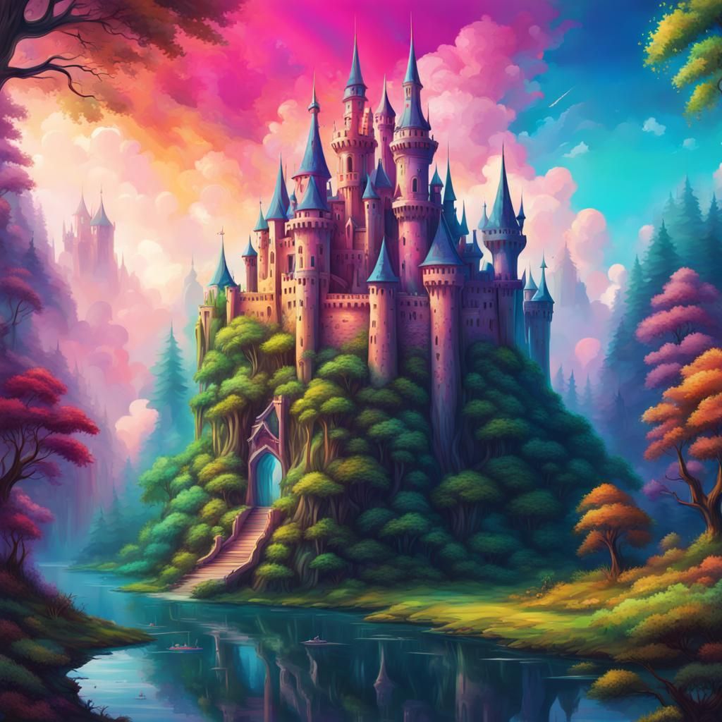 Psychedelic fantasy castle in the middle of the forest Hyperrealistic ...