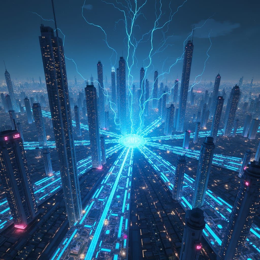 Electric Dreams: Futuristic Cityscape with Glowing Neural Ne...