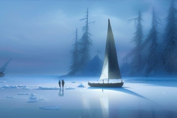 stranded sailboat, frozen lake, forest, winter, snow, volume...