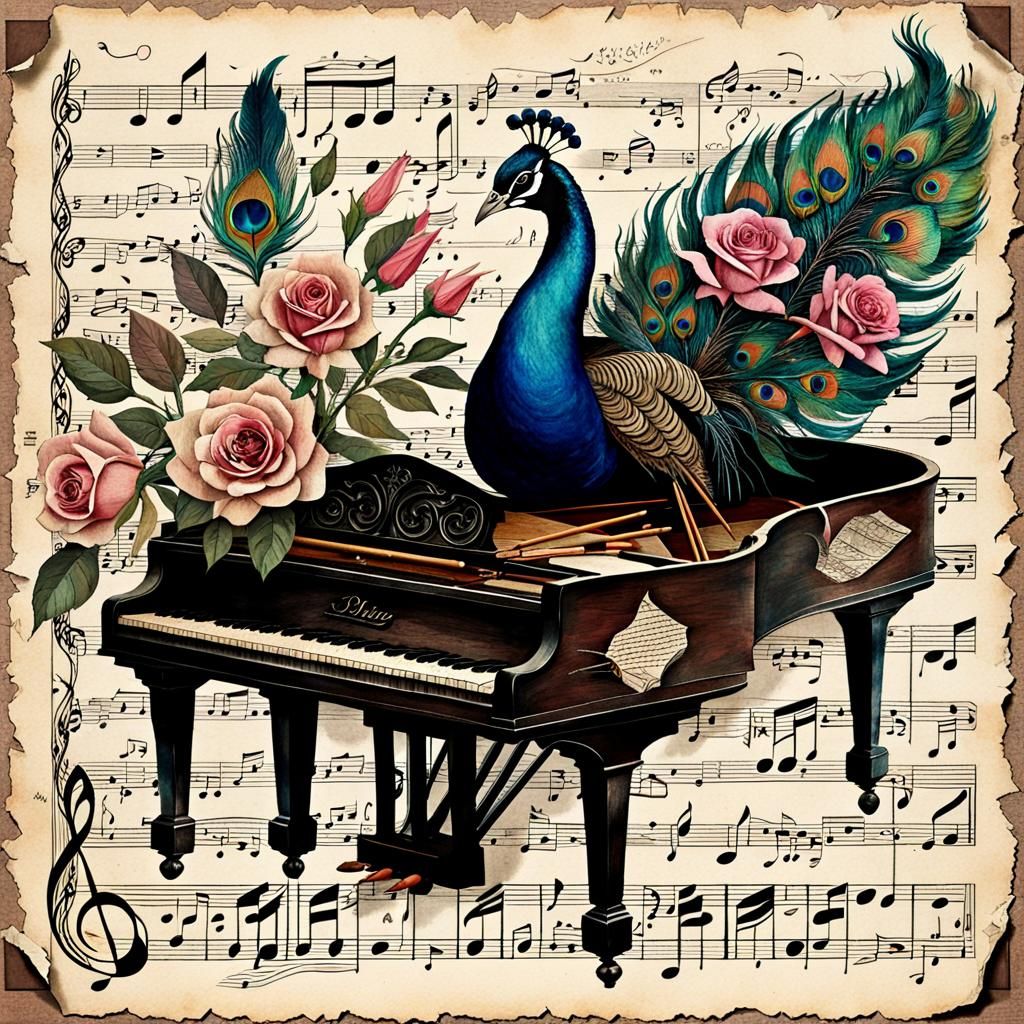 "Vintage piano with pheasant and roses  by @undefined