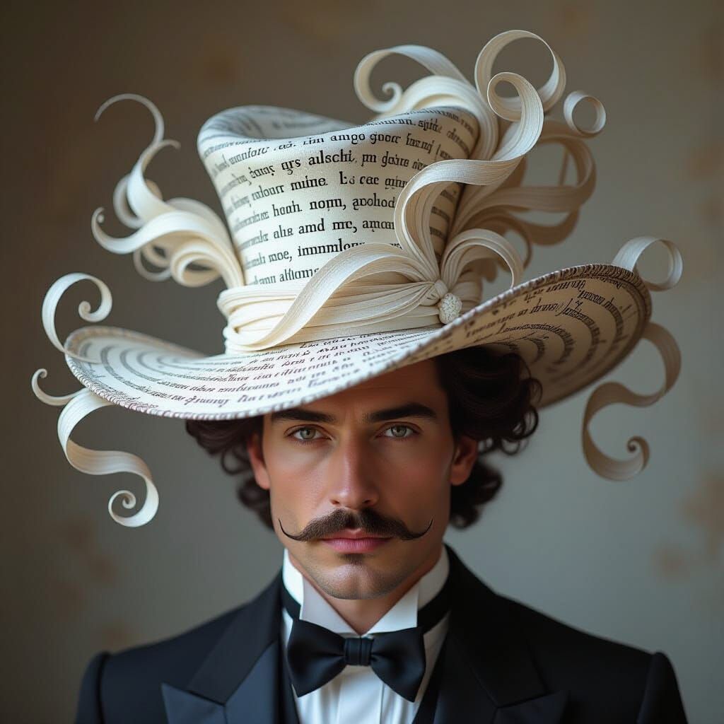 A hat made of thoughts and phrases, admiration and envy, reproaches and approval.Complete surrealism, fantasy without limits. A hyper-realis...
