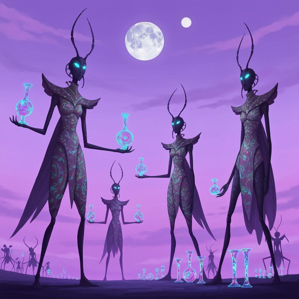 Tall insectoid merchants display kinetic glassware proudly.
Bioluminescent fabrics shimmer under twin moons.
The sky glows purple in soft gr...