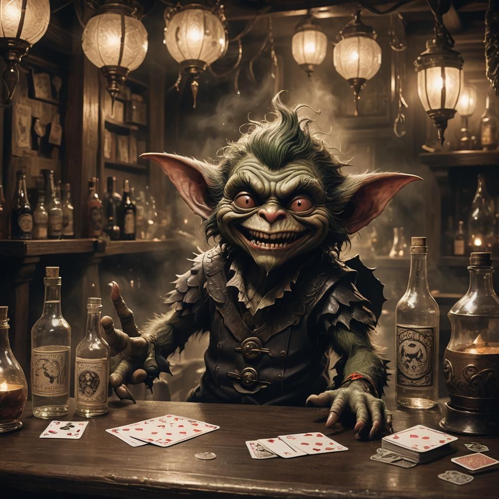 Smirking Gremlin, 
Smoky Bar, 
Alcohol Ink, 
Hyperdetailed
Walt Simonson, John William Waterhouse 
Sharp ...  by @Len H