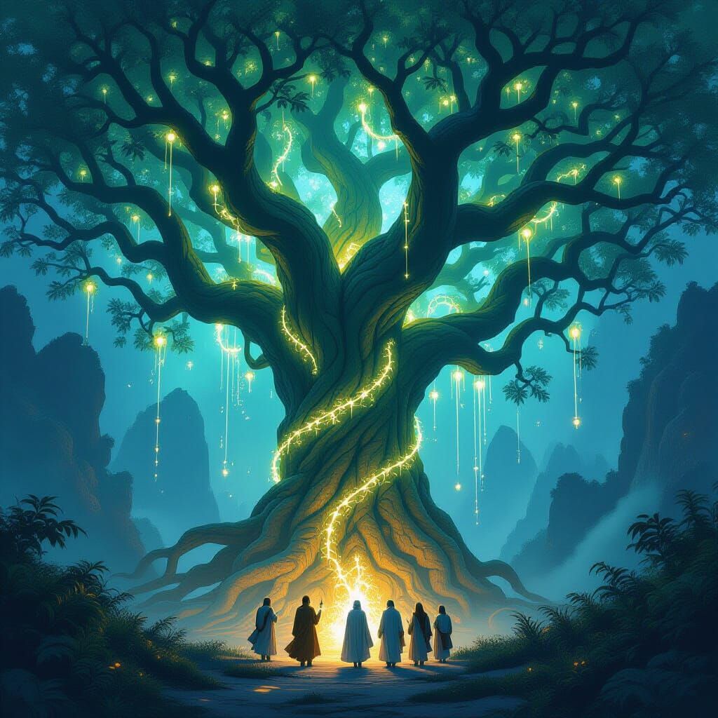 Colossal Tree in Dark Valley with Pilgrims