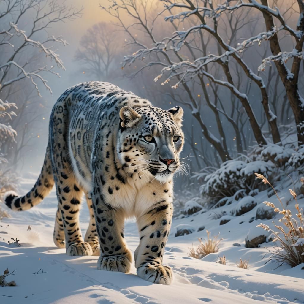 Snow Leopard Cub's Snowy Trek: Digital Art