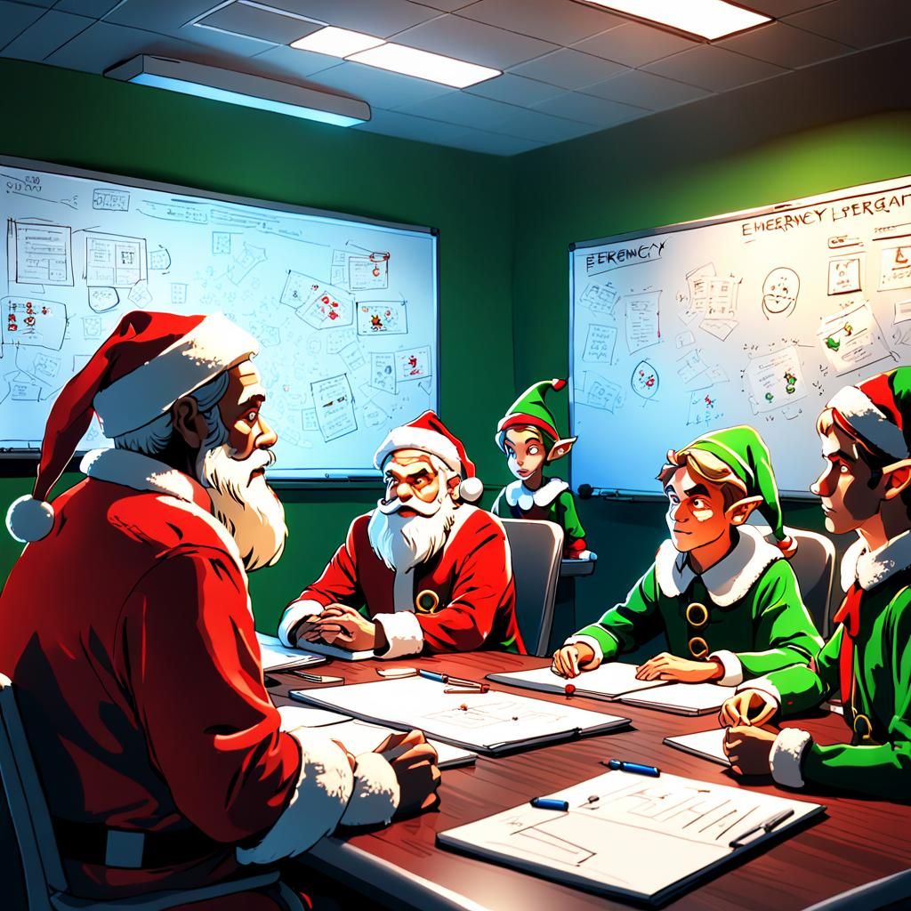 Santa's Emergency Meeting: A 3D Rendered Scene