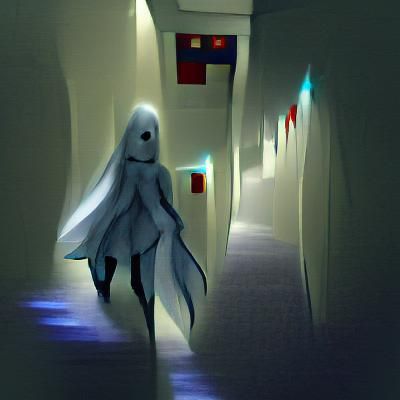 Pale ghost in dark corridor