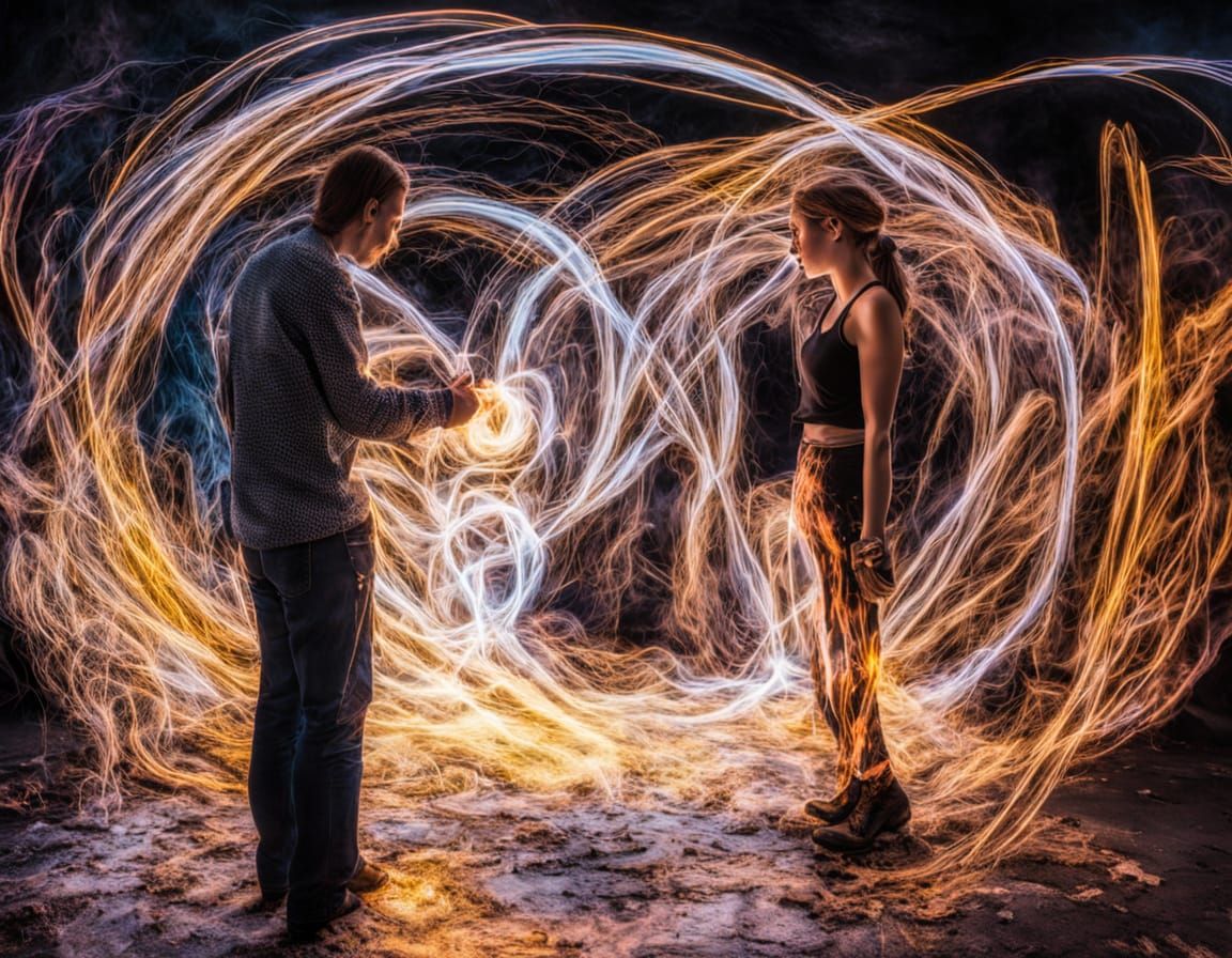 man and woman walk together and hug, light beams whiz around and form a halo around them