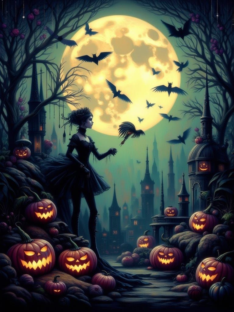 An eerie dreamscape with dancing pumpkin head creatures. Bats. Glowing moon <lora:Romantic Goth:1.0>