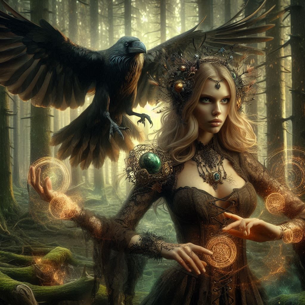 Female druid in a mystic forest, starting to change the form from human into a raven 20