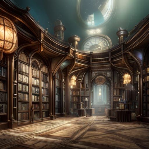 Underwater Steampunk Library with a Glass Ceiling 2 - AI Generated ...