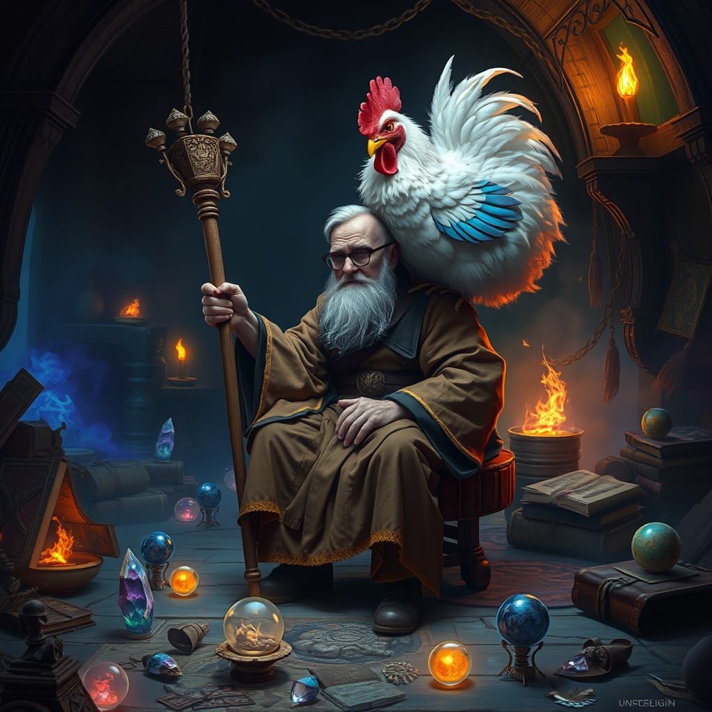 Melancholic Wizard Outwitted by a Comical Chicken