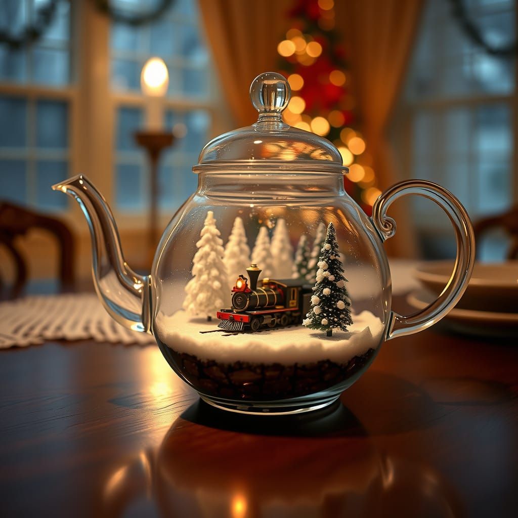 A transparent teapot with a train