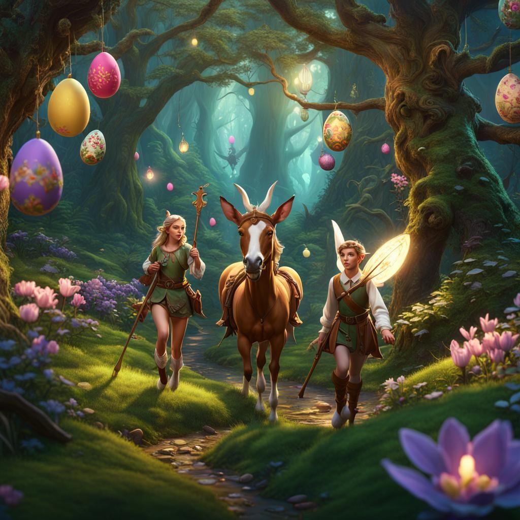 Elf and centaur and other whimsical kids hunting Easter eggs...