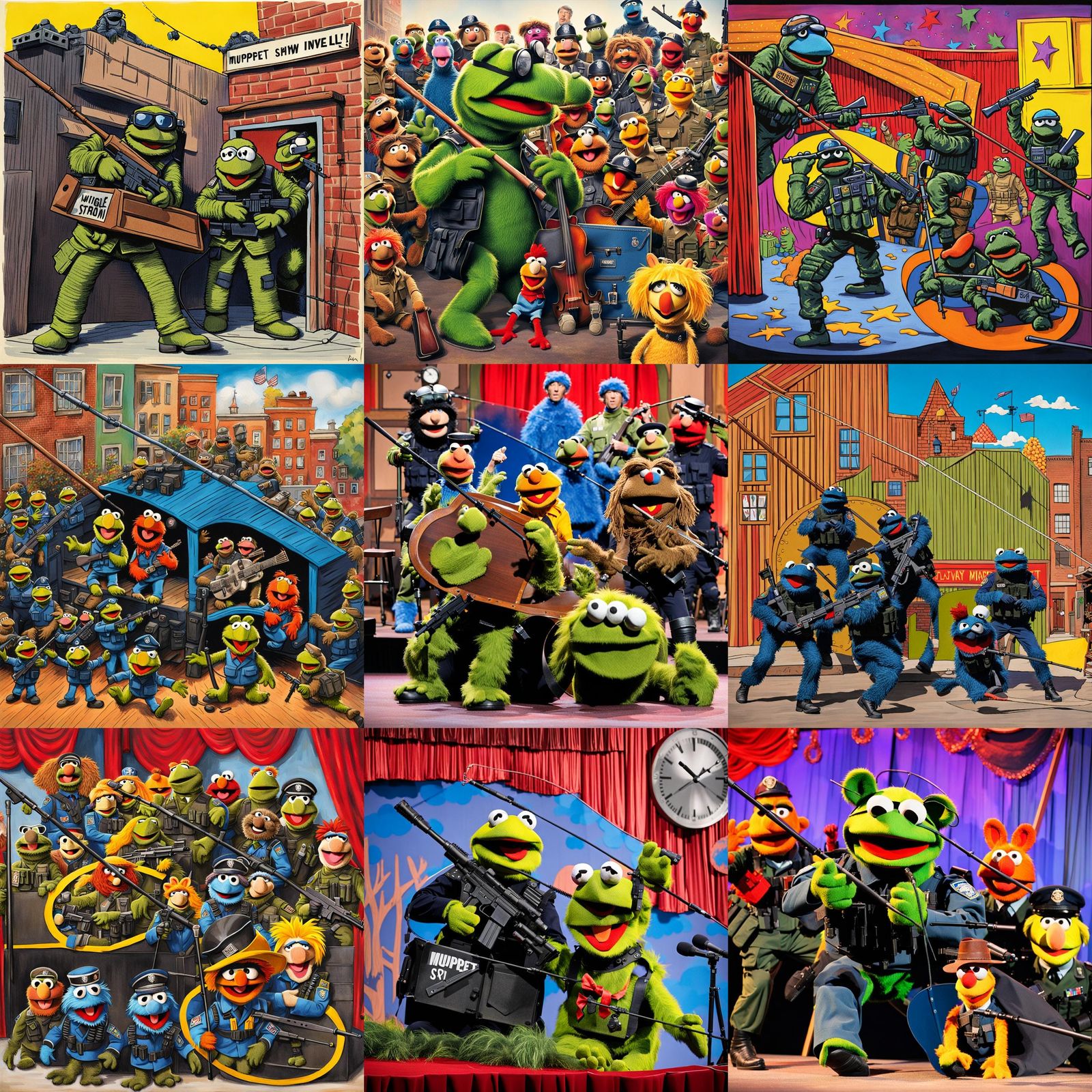 Swat team invades the stage of the Muppet show