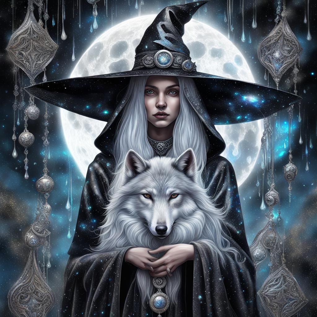 witch  evil gothic in the night wolf silver white  gold  black rainy