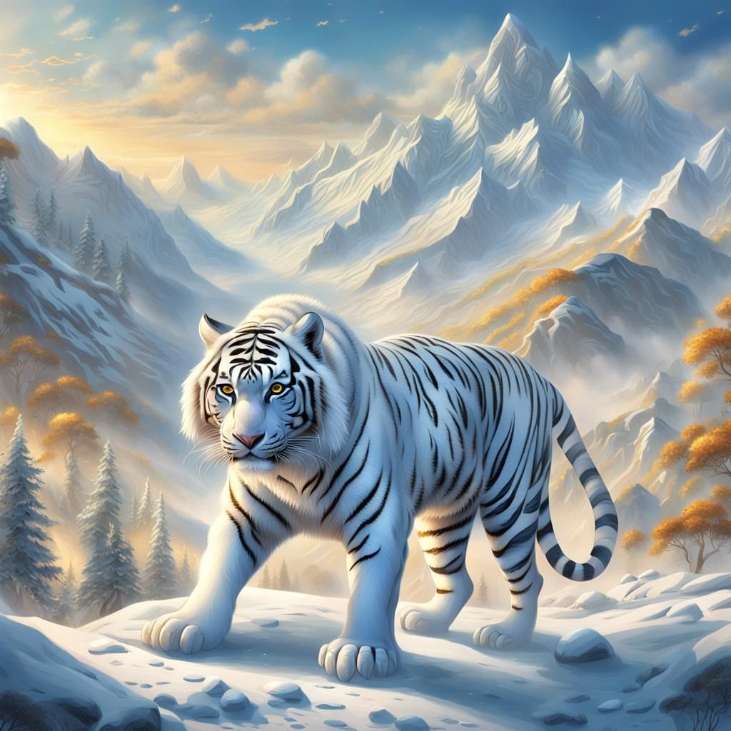 Golden Spotted White Tiger on Snowy Peaks