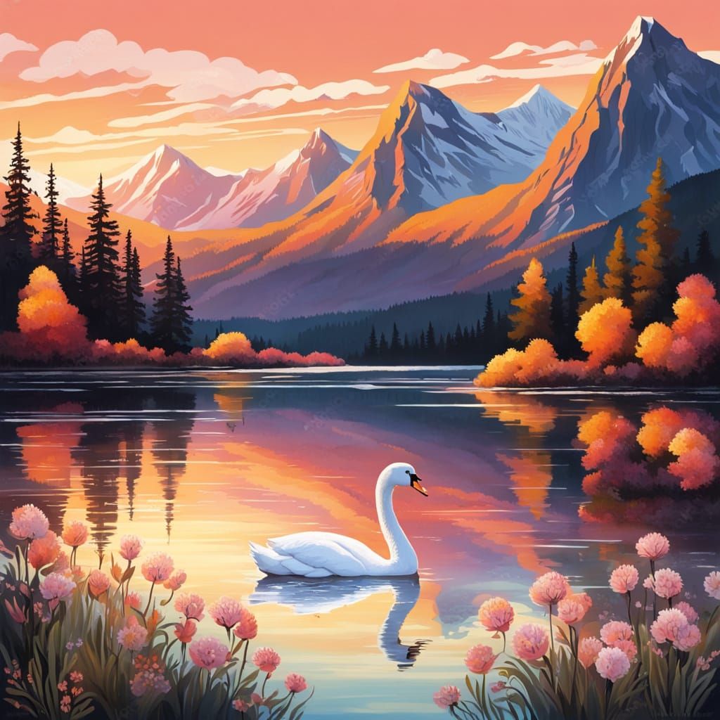 Swan swimming on a tranquil mountain lake at sunset. Surroundings: flowering banks, coniferous trees, snow-capped mounta...