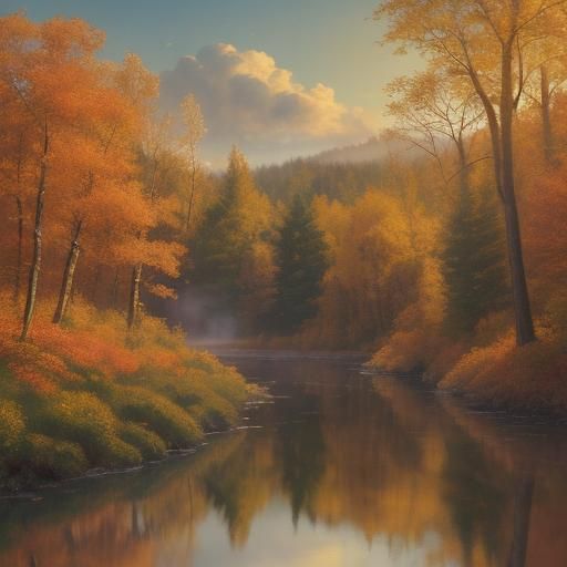 A serene autumn landscape bathed in soft, golden sunlight. T...