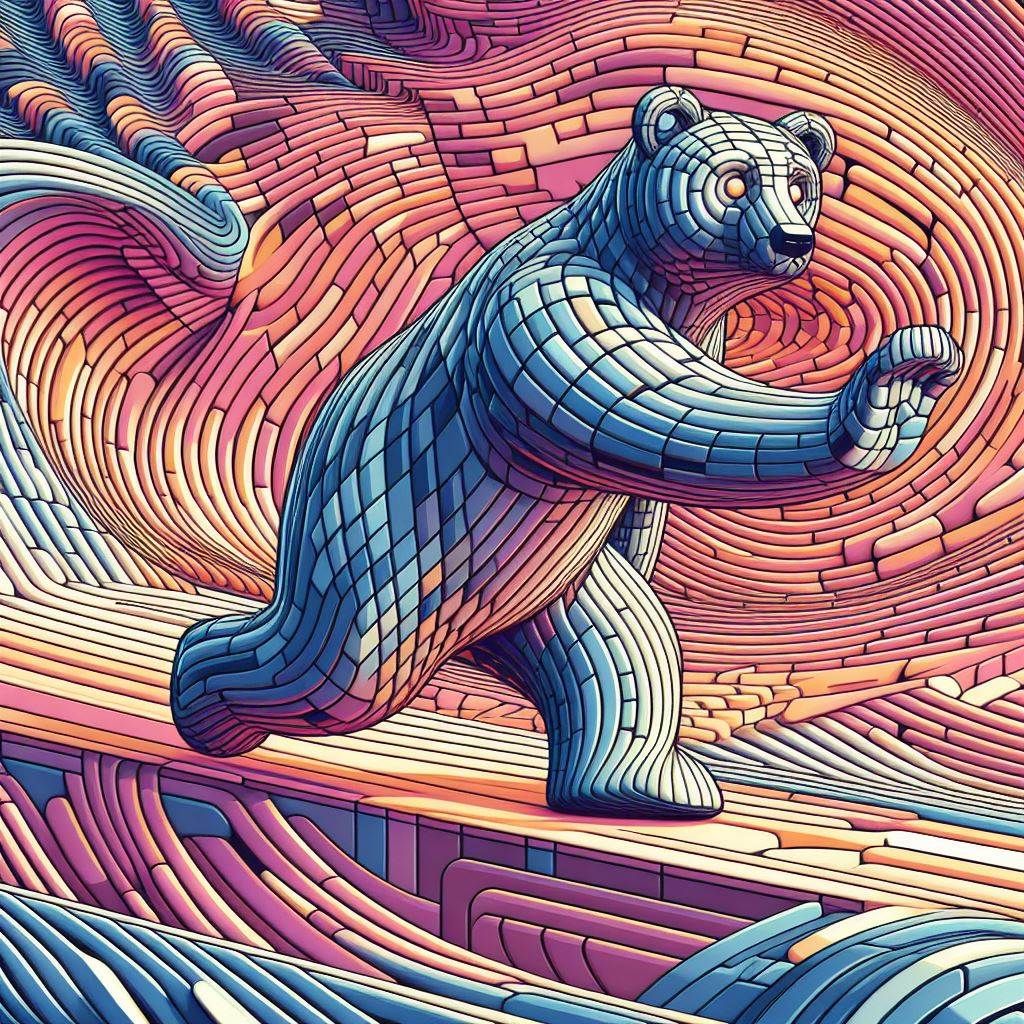 "Moving Rolling Patterned cubic Optical projecting Obese Bear illusion maximalism; "TRON vibes"";