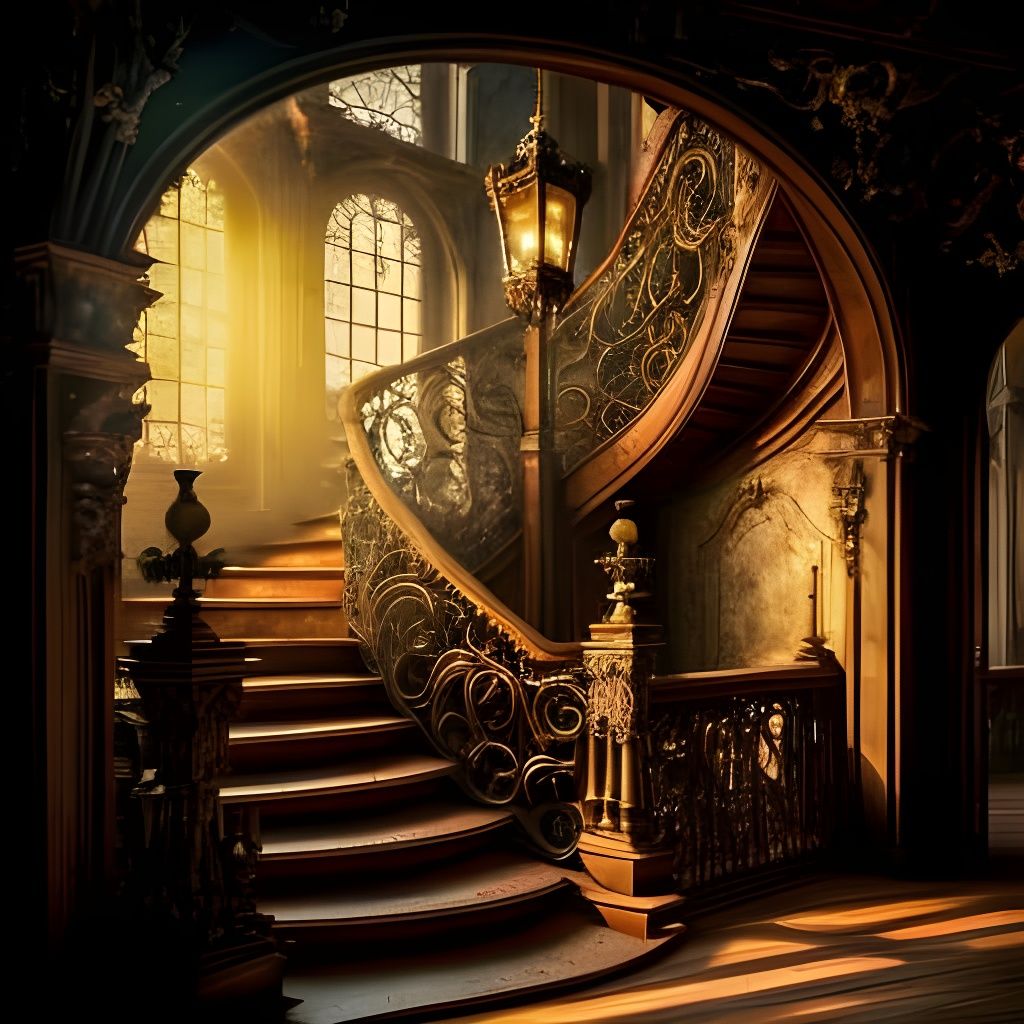 Vintage staircase with sunlight through the window false