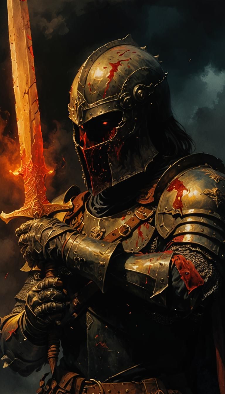 Bloody Armor and Sword in Dark Fantasy Style