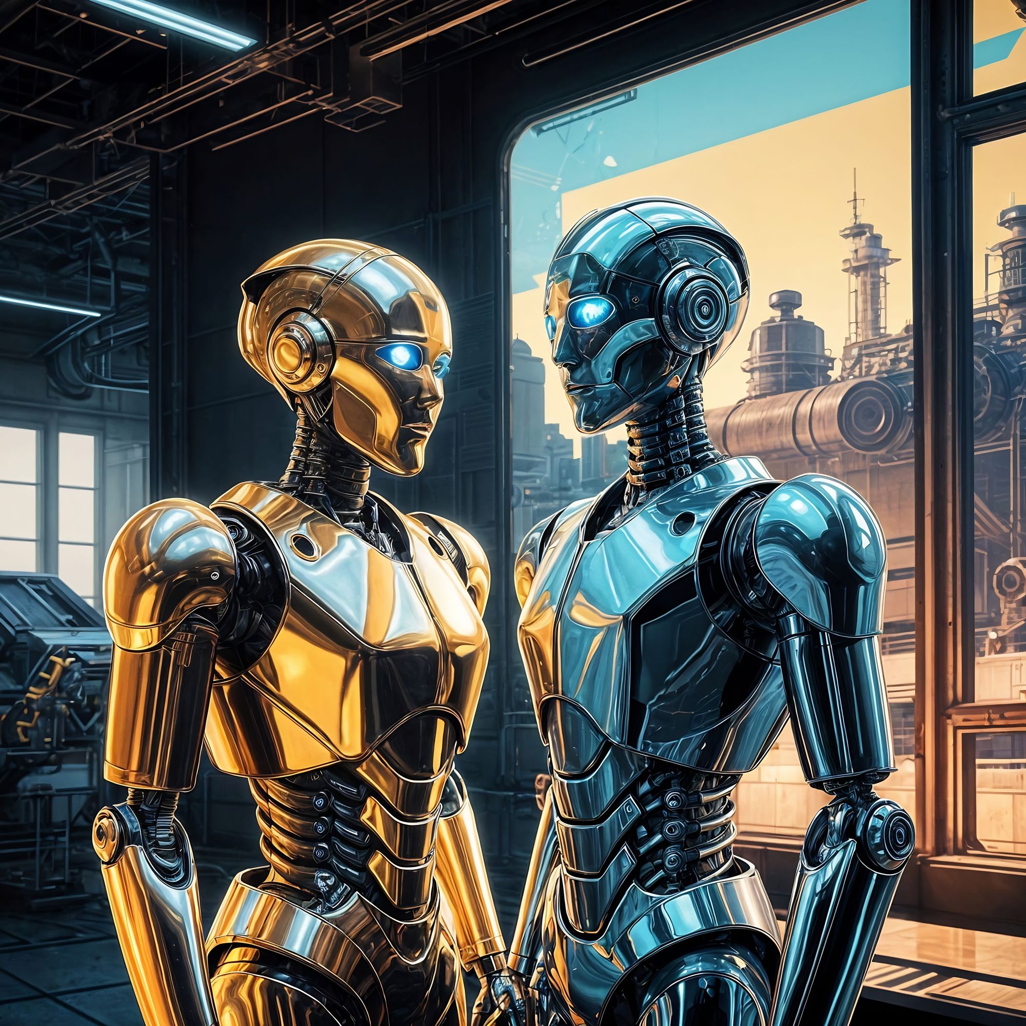 Hyper realistic, inside futuristic factory with two human like  robots kissing. Big sign on wall saying.. Even robots have feelings. Up clos...