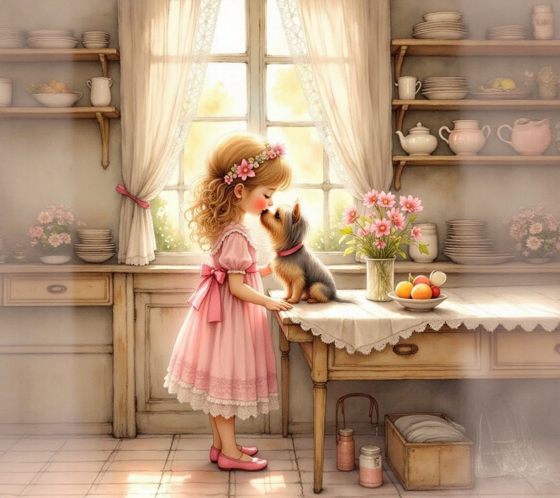 Child and Dog in Vintage Kitchen Illustration