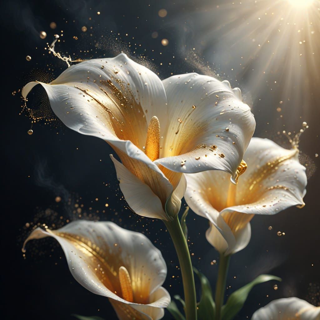 Pastell ink lightning white calla , hdr, d4, engine 8, lightning, abstrakt, with golden powder in the ...  by @Tigri2025