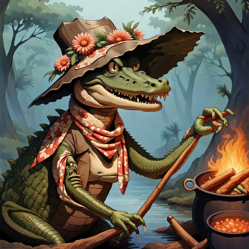 Maw: A formidable crocodile matriarch with a flowered bandan...