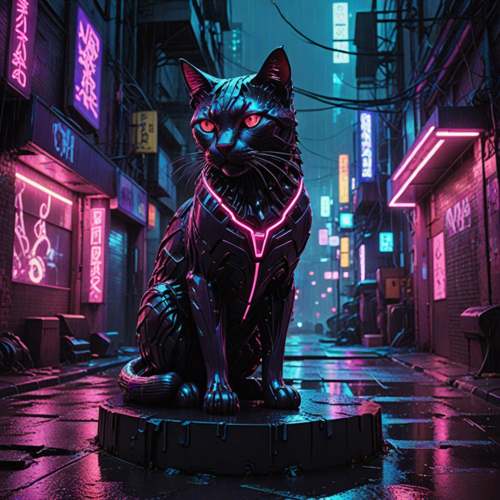 Cyberpunk Red Crystal Cat Sculpture in Dark Alleyway