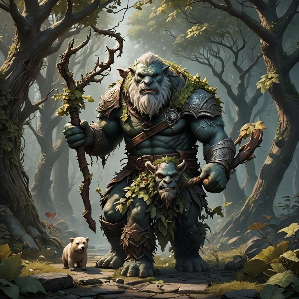 Large muscular firbolg troll ranger, with vines and leaves, holding a staff, with a pet polar bear