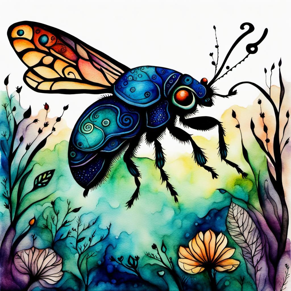 it's a bug's' life, water colour, ink, deep color, detailed ...
