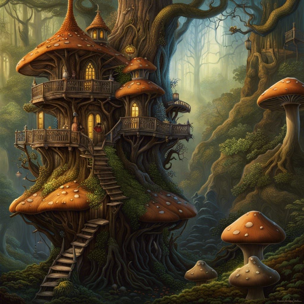 Treehouse With Mushroom Roof - AI Generated Artwork - NightCafe Creator