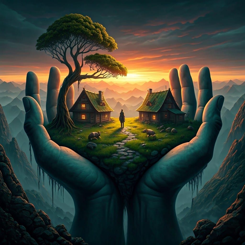 Surreal Village in Giant Hands: Matte Painting
